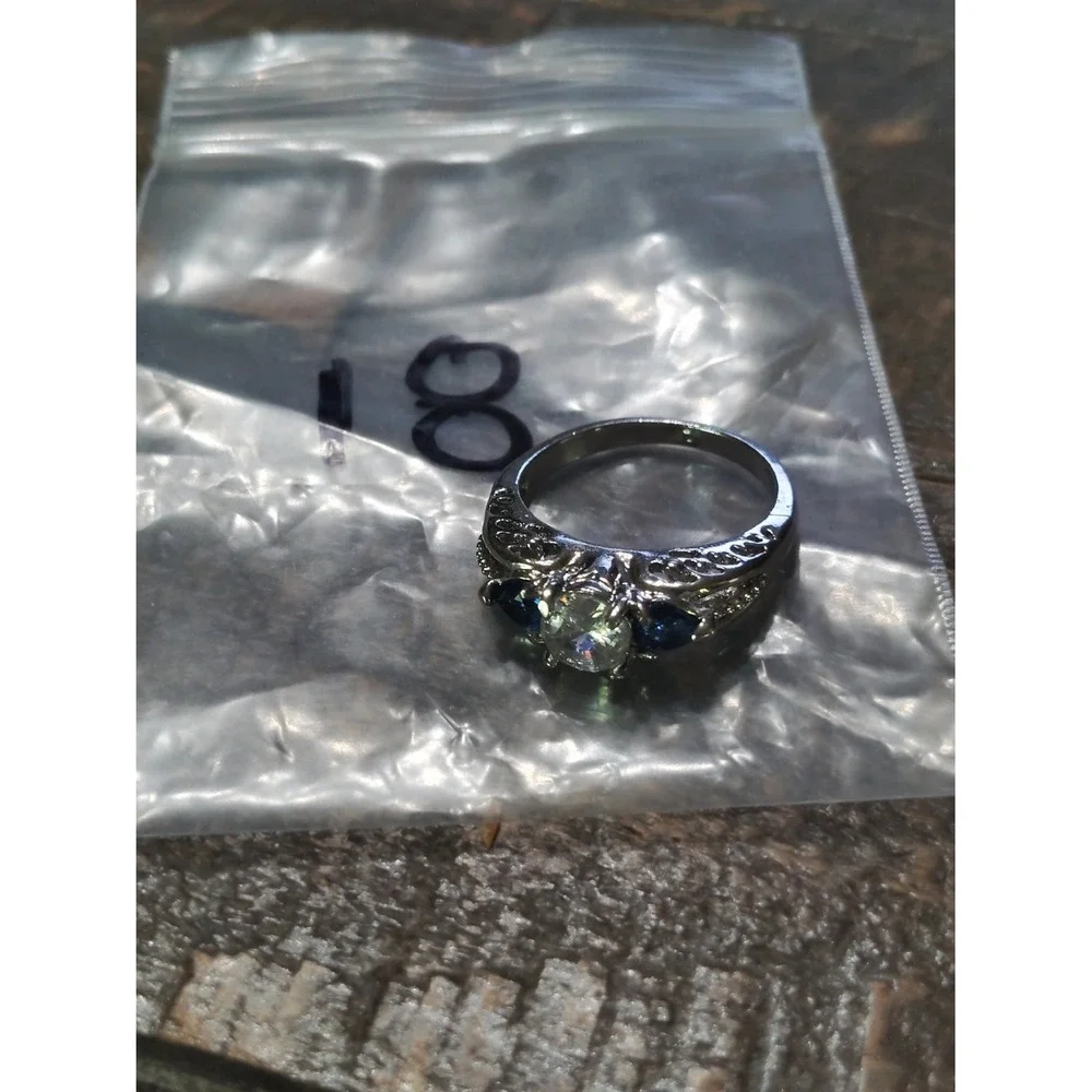 Three Stone Filigree Engagement Ring Clear Blue Stones Silver Tone Band Size 8